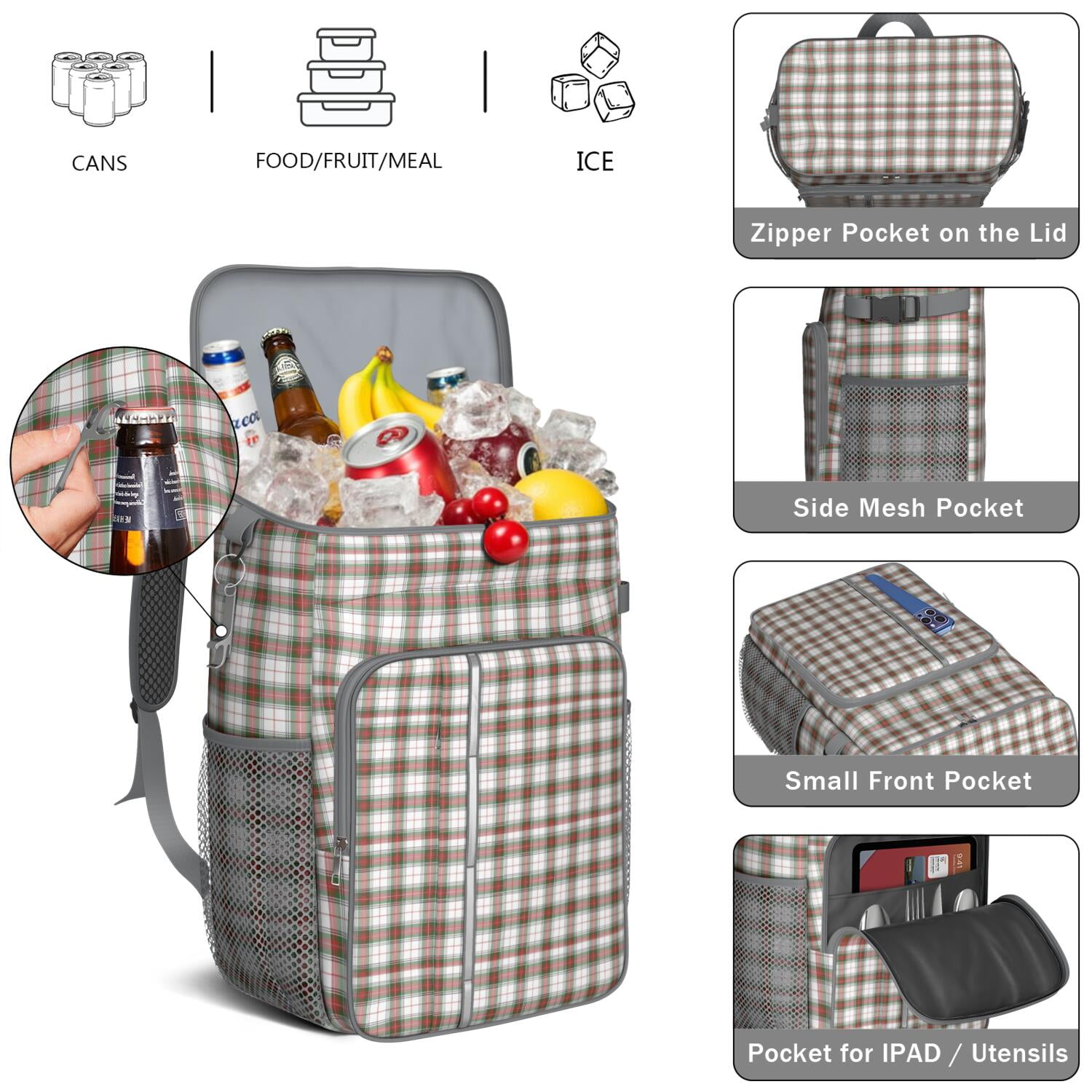 Travel Cooler Bag - Green and Red Christmas Plaid Pattern Camping Beer Cooler Backpack with Bottle Opener- Waterproof Insulated Picnic Backpacks - Cooler Bag for Beach