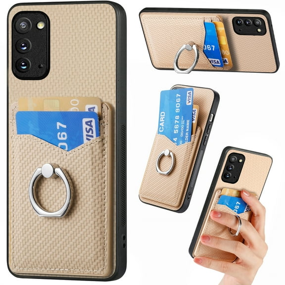 Carbon Fiber Patterned Case for Samsung S20, Wallet case with [360°Rotation Ring Kickstand] Credit Card Holder,PU Leather Shockproof Cover Women Men for Samsung Galaxy S20, Khaki