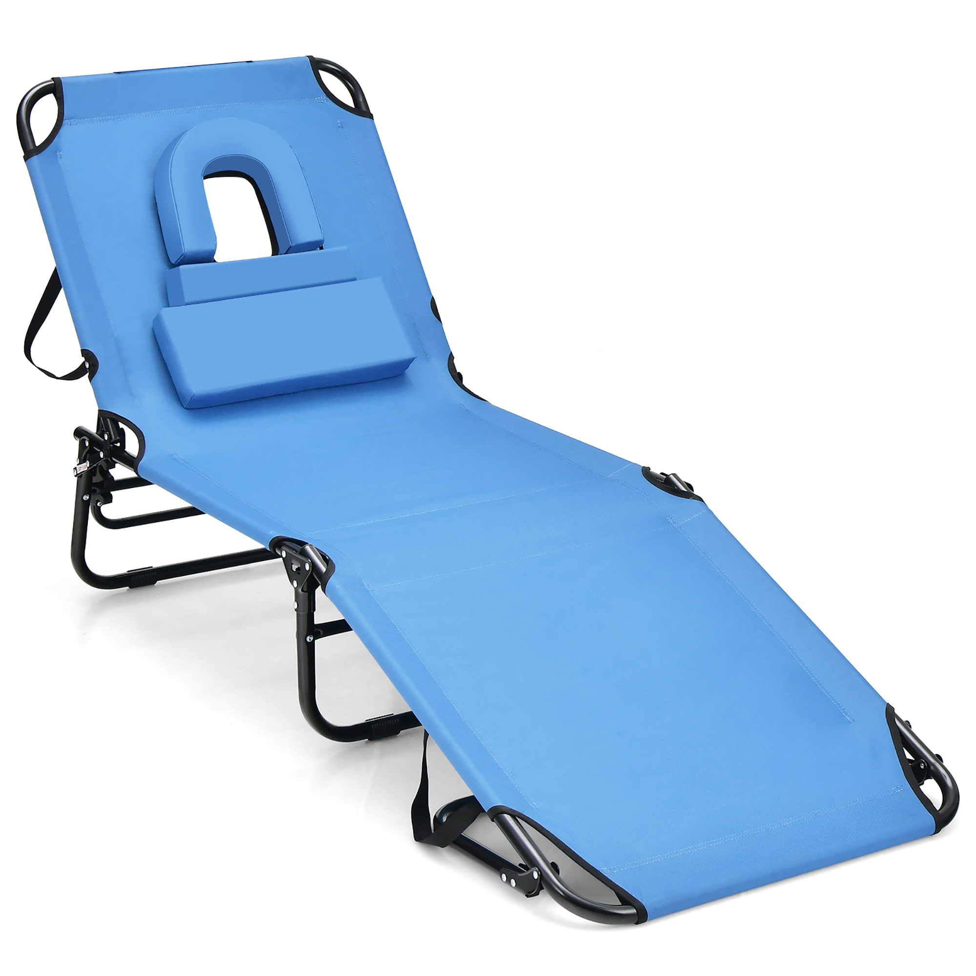 Costway Beach Chaise Lounge Chair with Face Hole Pillows & 5-Position Adjustable Backrest Blue - image 3 of 10