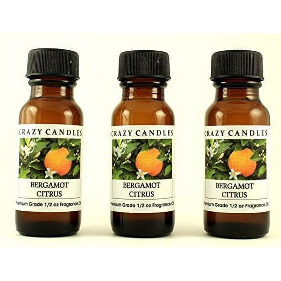 Crazy Candles Bergamot Citrus 3 Bottles 1/2 Fl Oz Each (15ml) Premium Grade Scented Fragrance Oil (Light, Fresh, Fruity, Green Earthy Citrus, Fresh Aroma)