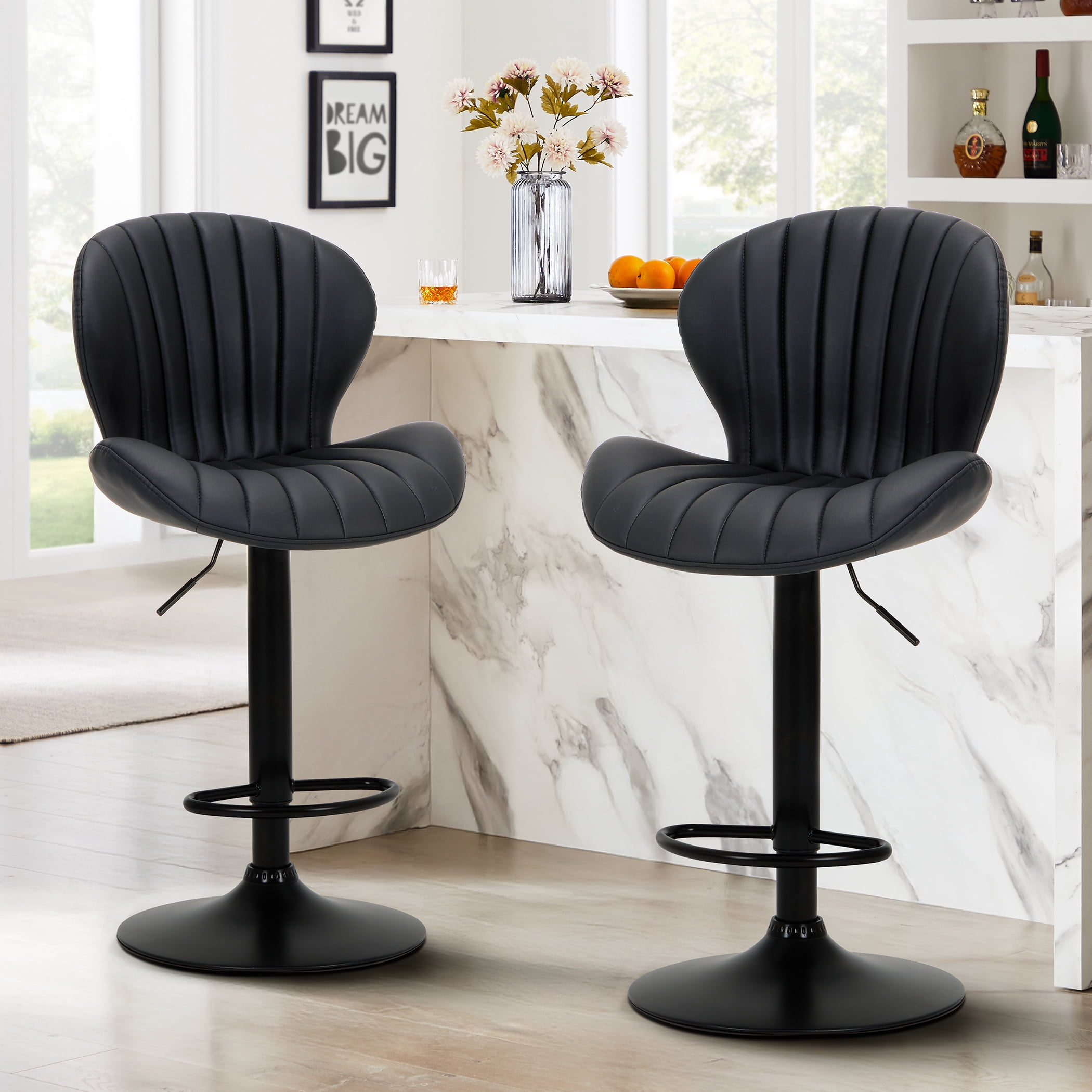 EOP Swivel Single BarStool, Modern Upholstered Adjustable Height Counter Stool with Footrest, Faux Leather Upholstered Bar Stool with Metal Frame, Bar Chair with Backrest, Black