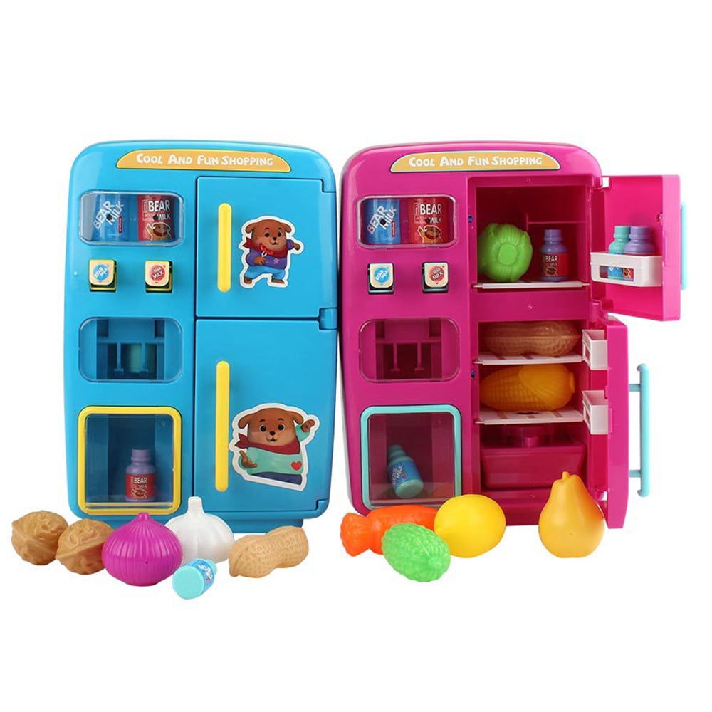 Blue 28.5x13x27.5cm Perfeclan Fun with Friends Kitchen Toy Door Fog Function & Colorful Lights & Ringtone Function Pretend Play Refrigerator Vending Machine Toy