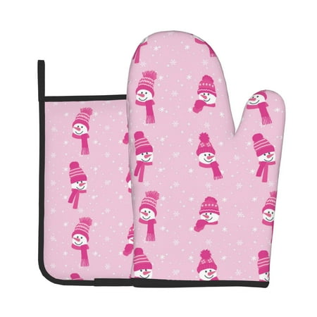 

KLL Pink Scarf Snowman Pattern Oven Mitts and Pot Holders 2pcs Sets for Kitchen Oven Mitt Heat Resistant 536°F Oven Gloves for Kitchen Cooking and Baking