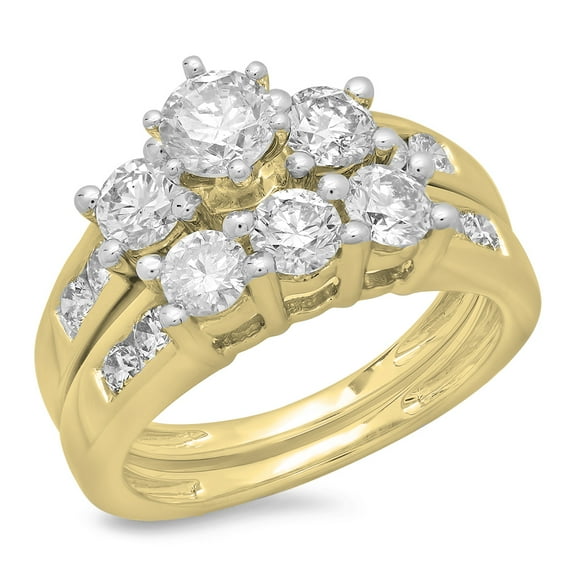 Dazzlingrock Collection 2.25 Carat (ctw) 14K Round Diamond Bridal 3 Stone Engagement Ring Set 2 1/4 CT, Yellow Gold, Size 5