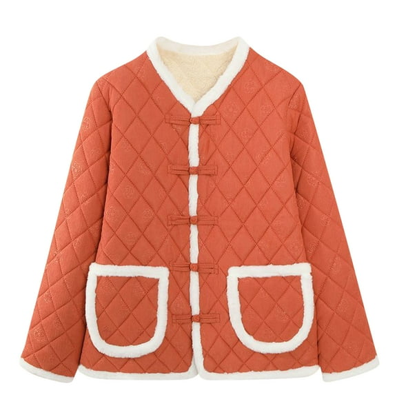 XUNKUSGA Women's Jackets Plus Size Warm Corduroy Fleece Lined Winter Coats for Women Casual Fuzzy V-Neck Long Sleeve Button Down Quilted Jackets for Women with Pockets 3XL-5XL Orange