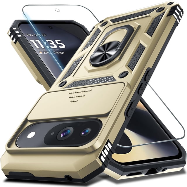 PINHEN Case Compatible with Google Pixel 9/9 Pro Built in Slide Camera Lens Cover+Screen Protector+Finger Ring Holder Kickstand,Heavy Duty Shockproof Full Body Protective Phone Cover