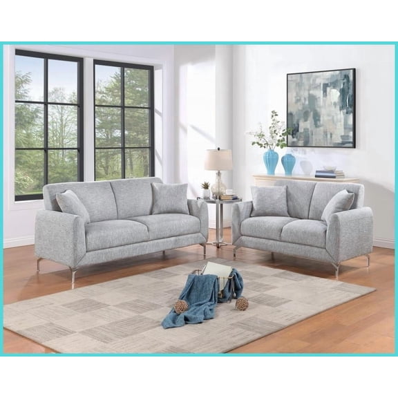Modern 2pc Light Gray Burlap-Like Fabric Sofa Loveseat Set with Pillows – Cozy Living Room Furniture
