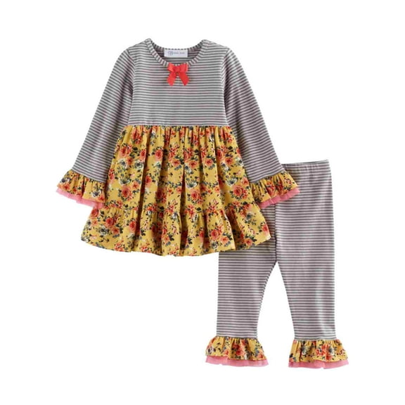 Infant Girls Ruffled Stripes & Flowers Baby Outfit Shirt & Leggings Set 18m