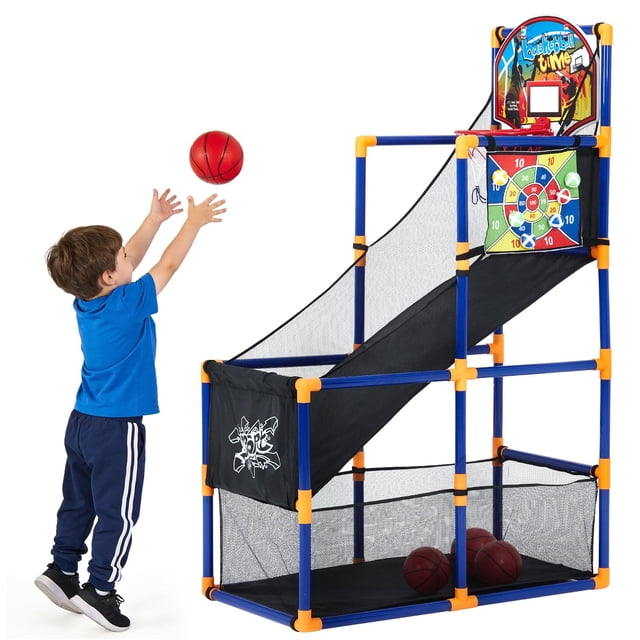 Yeshouse juego de baloncesto arcade 2 en 1 para niños, con 4 pelotas, 6 pelotas adhesivas y diana, altura ajustable, rampa de retorno, ideal para interior y exterior
