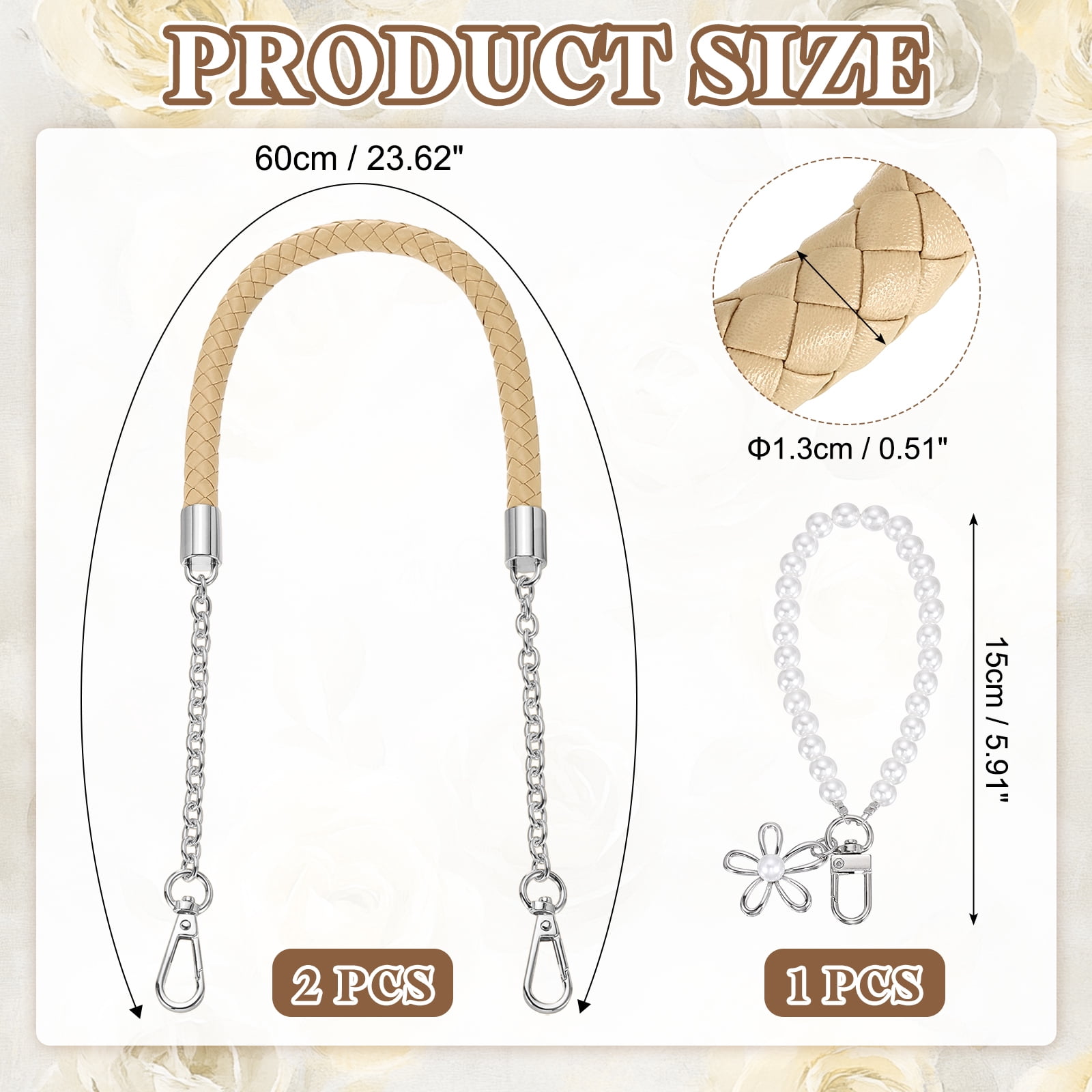 Uxcell 2 Pcs PU Leather Chain Purse Strap, 23.6 Inch Braided Purse Handles Replacement Strap with Pearl Pendant for Tote Bag Handbag Underarm Bag (Beige, Silver Chain)