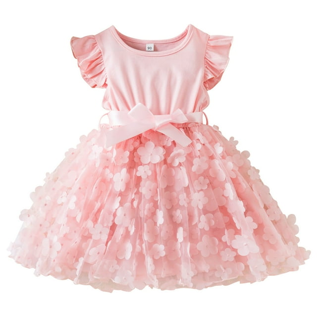 EnJoCho Robe Papillon Sans Manches pour Bébé Fille Robe de Fête Fille Robe en Tulle Brodée Papillon Manches Courtes Robe de Fête d'Anniversaire Fille 2-6 Ans