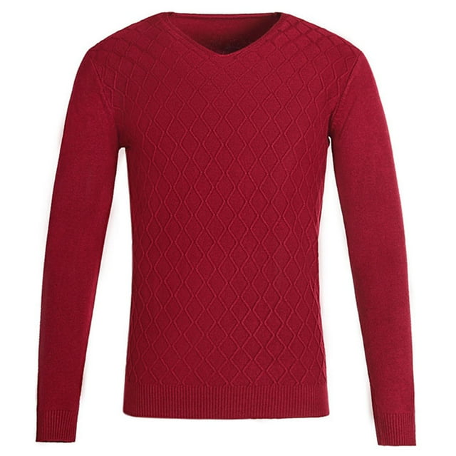 hotojiny Men's Slim Fit Knit Sweater Autumn-Winter Textured Basic Solid Color Pullover Lightweight Casual V Neck Top