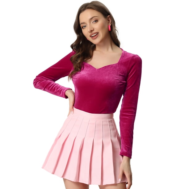Top de terciopelo para mujer con cuello en forma de corazón elegante camiseta de manga larga Rosa caliente XL