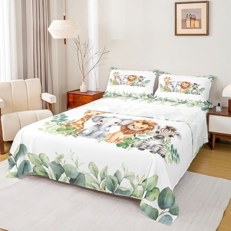 Feelyou Jungle Animal Party Twin Sheet Sets Giraffe Lion Elephant Twin Fitted Sheet Cute Wildlife Flat Sheet Microfiber Room Decorative 3pcs