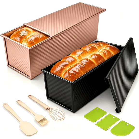 2Pack Pullman Loaf Pans with Lids – 2.2 LB & 1 LB Dough Capacity, Non-Stick Carbon Steel Bread Pans for Homemade Sandwich and Sourdough Bread, Corrugated Toast Mold