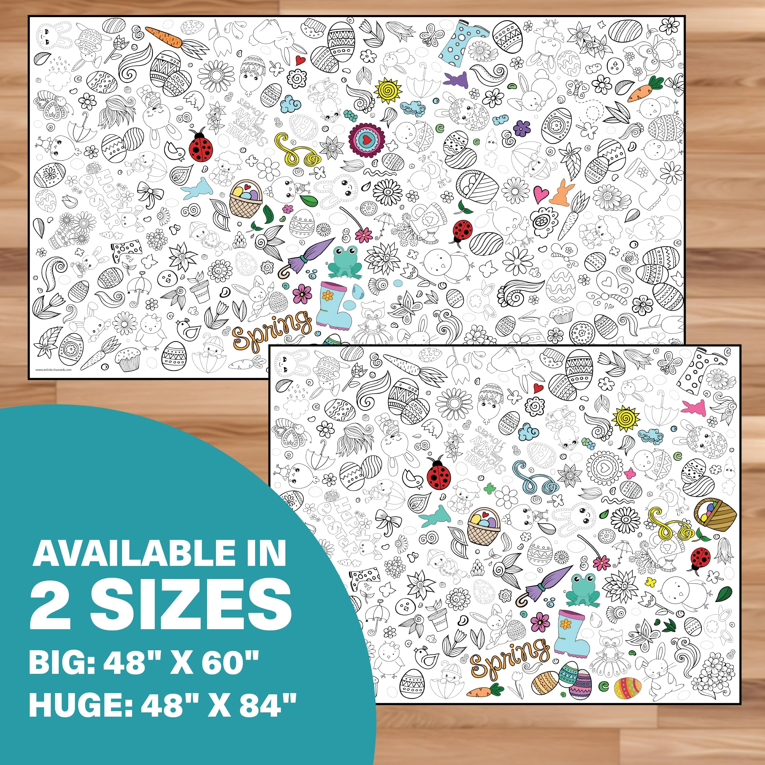 Fabric Reusable Coloring Tablecloth - Washable Coloring Mat for Kids and Adults, Giant Coloring Poster with Bleed-Resistant Lining, Sewn Edges, and Fun Designs (Easter, 48"x84")