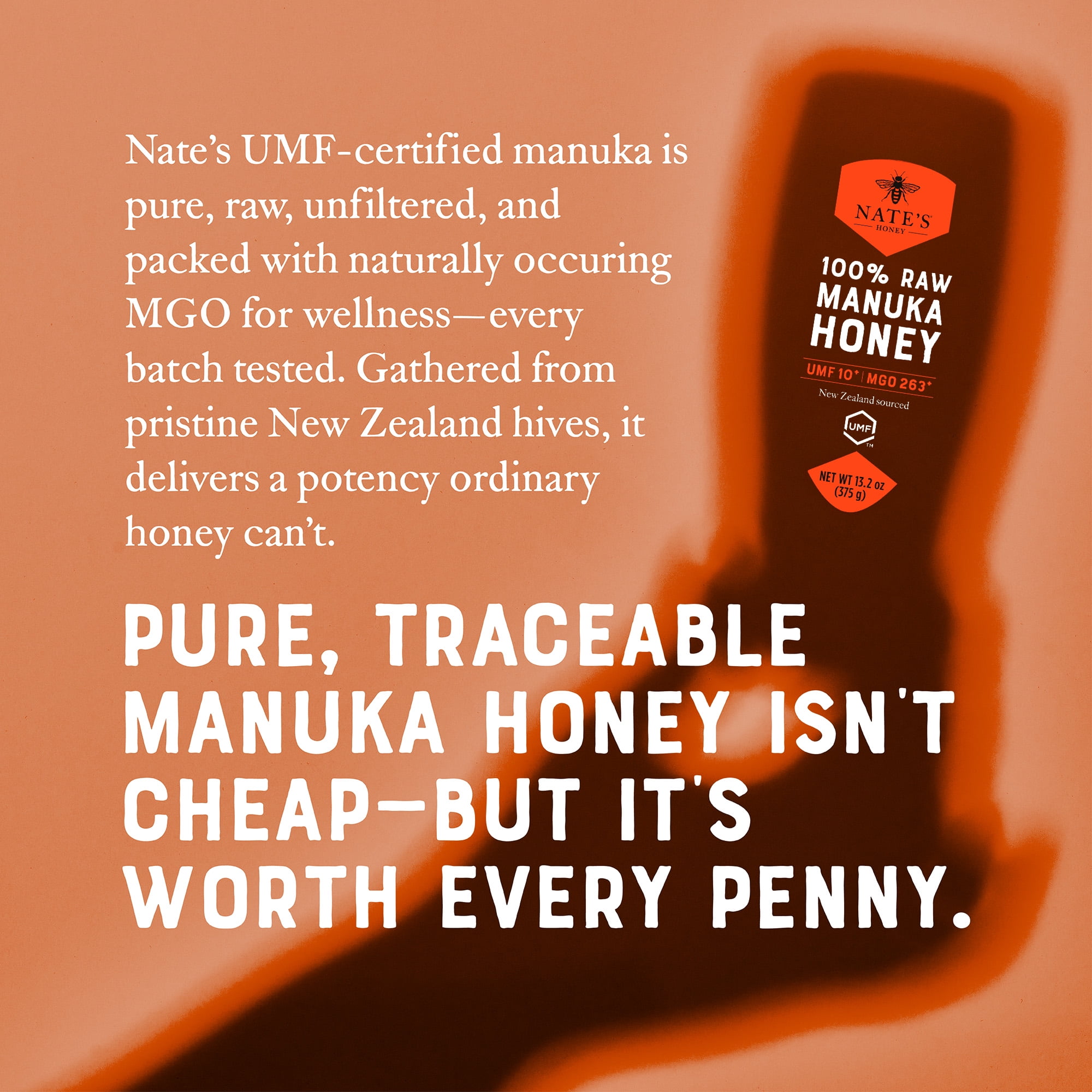 Nate's New Zealand Manuka Honey: Raw, UMF 10+, and MGO 263+ - 13.2 oz Gluten-Free Honey