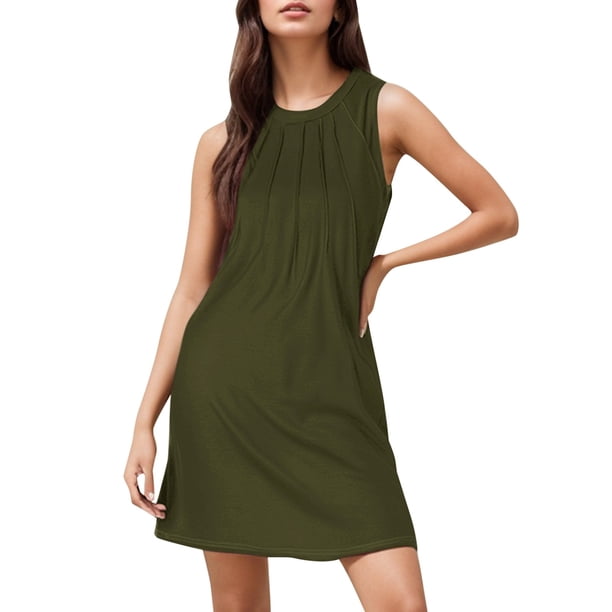 Vestido sin mangas de color liso para mujer, largo medio, cuello redondo, tejido vaporoso, elegante conjunto para la playa