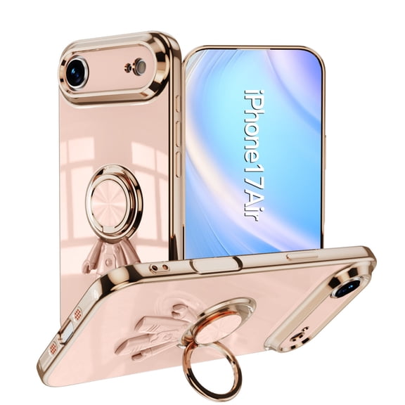 Compatible with iPhone Air Cute Case with 3D Astronaut 360 Ring Holder Hidden Kickstand Plating Camera Protection Cover Soft Silicone Bumper Phone Case for Women Men,Lightpink