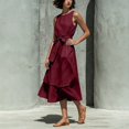 thumbnail image 5 of NTACZA Summer Dresses A-Line Maxi Cotton Lien Sleeveless Flowy Round Neck Ruched Waist Vacation Casual Front Tie Beach Red XXXL, 5 of 7