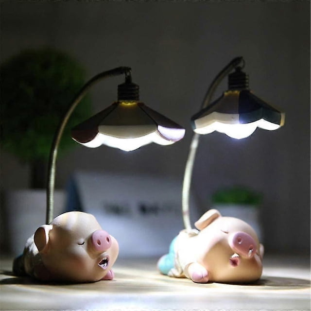 Resin Pig Night Lamp, 2PC Cute Sleeping Pig Figurines with LED Light for Home Desk Decor