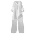 thumbnail image 3 of UVEASISHA Plus Size Linen Set for Women Summer Casual Beach Outfits 2 Piece Long Sleeve Henley V Neck Tops and Wide Leg Pant Sets White S, 3 of 10
