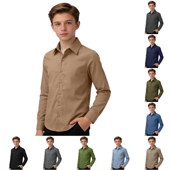 Huowey Toddler Kids Boys Dress Shirts Long Sleeve Button Down Casual Solid Color Lightweight Summer Holiday School Daily Wear Youth Classic Fit Relaxed Formal Elegant Blouse,15-16 Years