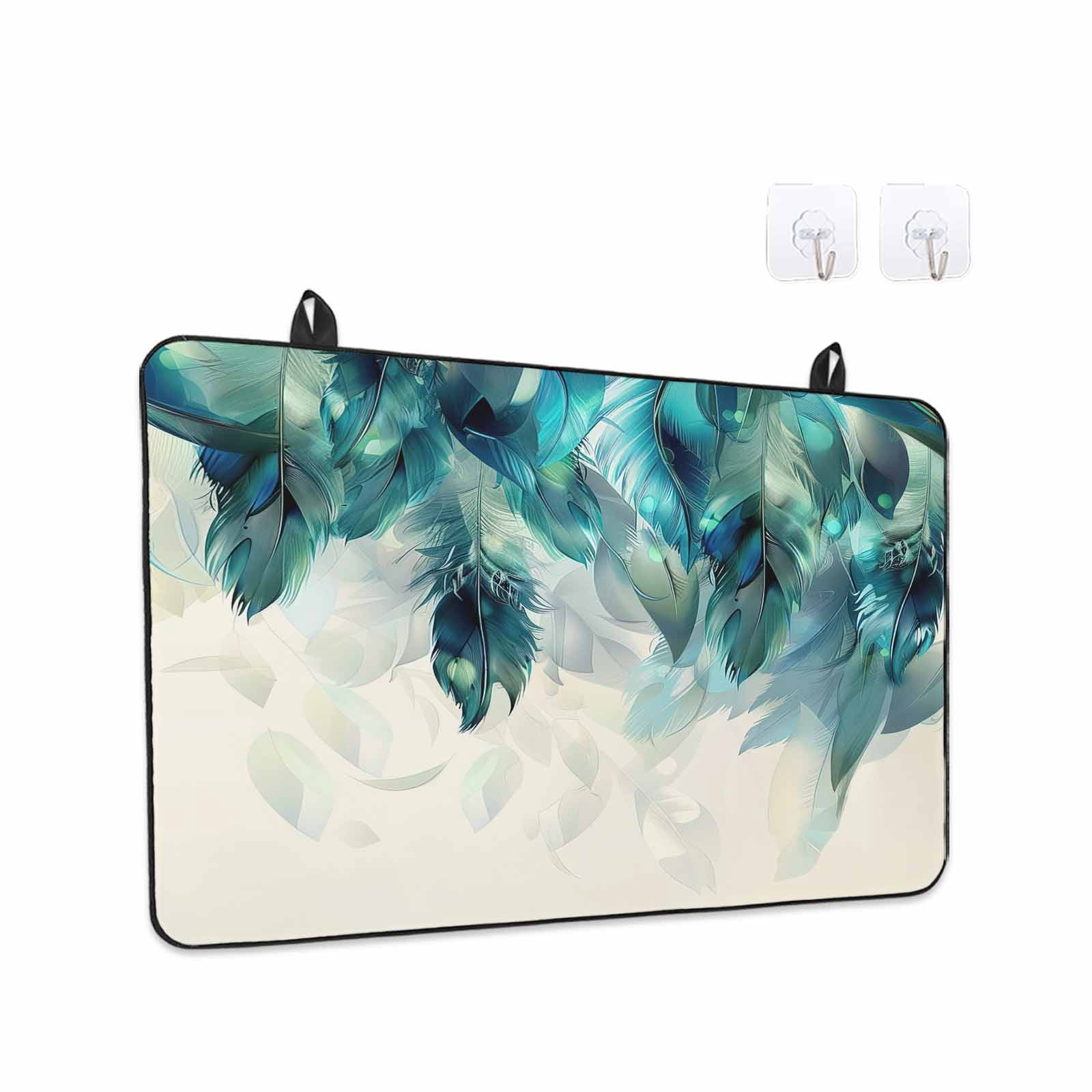 Teal Feather Stove Top Cover for Electric Stove, Heat-proof & Non Slip Glass Top Stove Cover Protector, Farmhouse Feather Art Teal Ombre Kitchen Flat Cooktop Rubber Mat 24x21 Inches