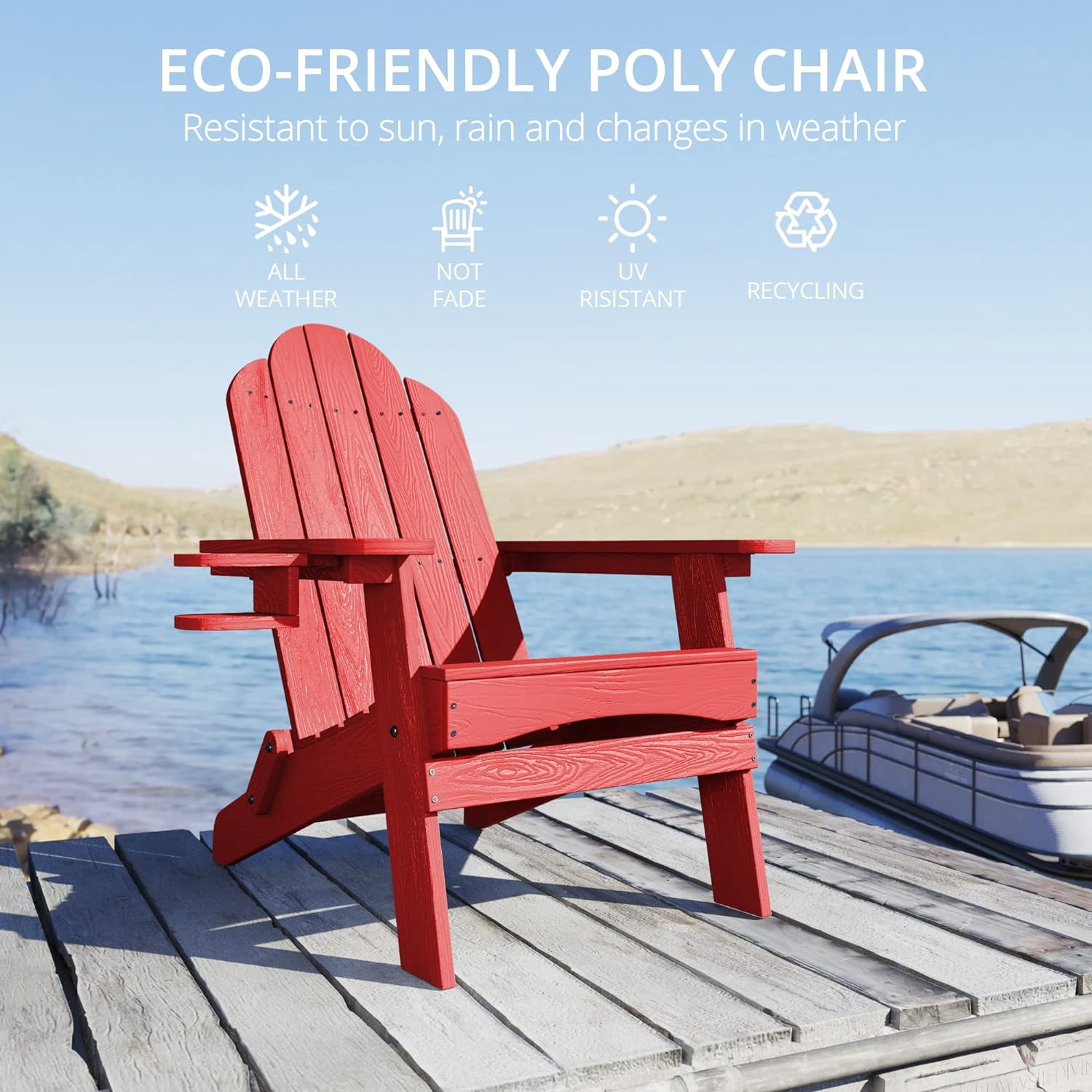 Dycanpo Folding Adirondack Chair Set of 6, Fire Pit Patio Garden Chair with Cup Holder, Bright Red