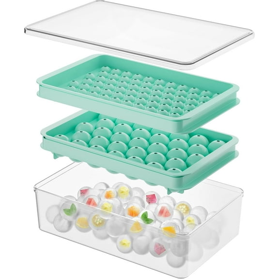 Round Ice Cube Trays with Lid and Bin - Small Circle Ice Maker Molds for Freezer, 73pcs Mini 33pcs Standard Balls for Chilling Whiskey, Cocktails, Coffee - Reusable Easy-Release Sphere Ice Tray