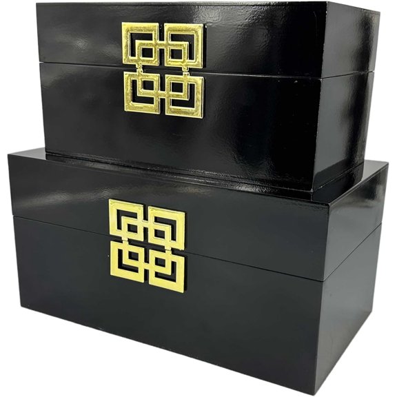 Galt International Storage Box Set Decorative Storage Box w/Hinged Lid Classic Design Wood Decor Boxes with Geometric Clasp Storage for Bedroom & Home - Set of 2 (Black & Gold)