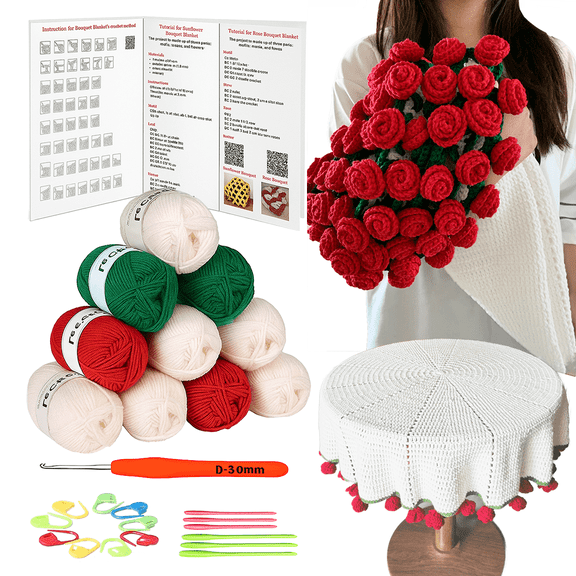 Yarniss Crochet Blanket Kit for Beginners with Instruction & Video Tutorial, Floral Pattern, 70 cm