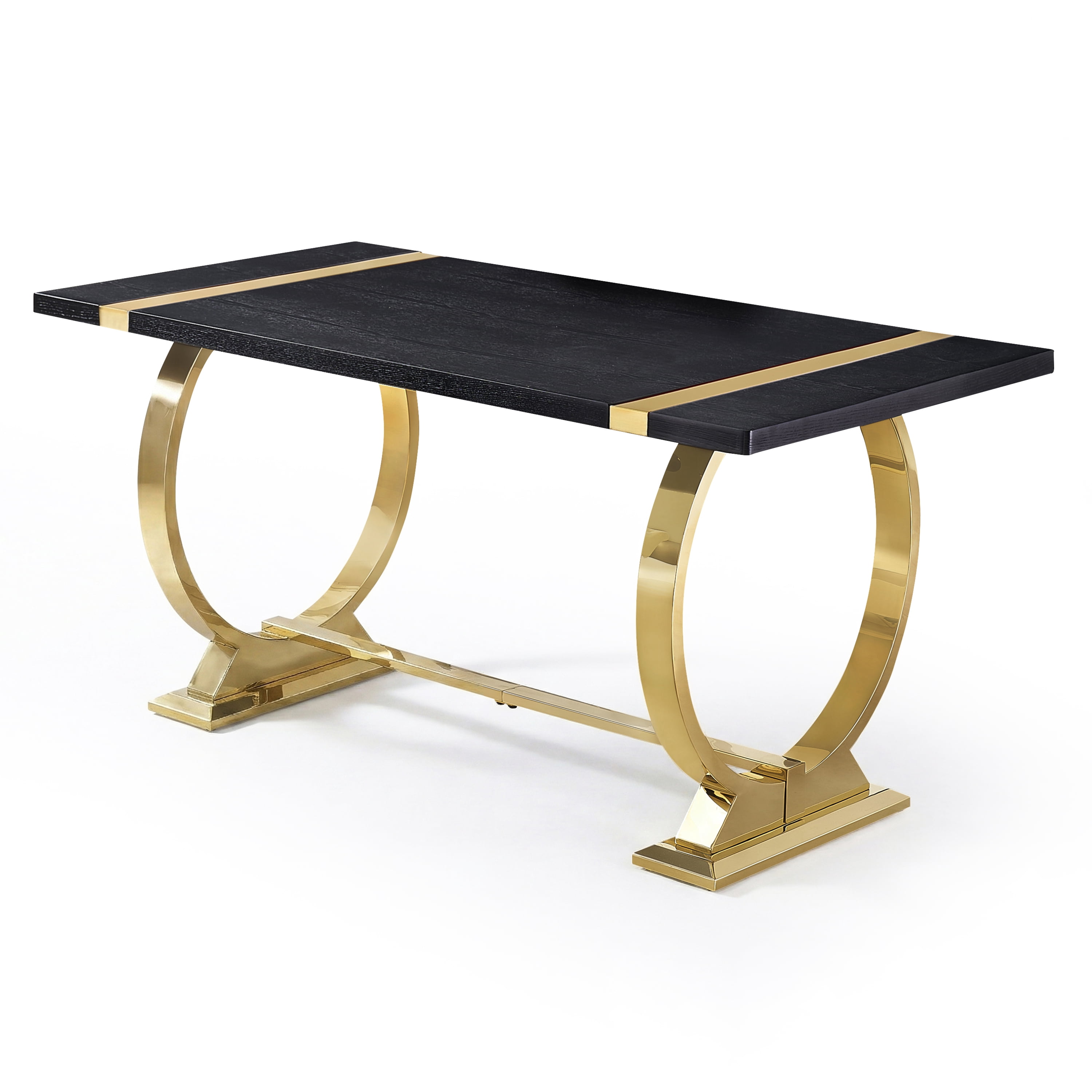 Furniture of America Gaius Glam Wood 60" Rectangle Dining Table with O-Shaped Stainless Steel Trestle Base, Black and Gold