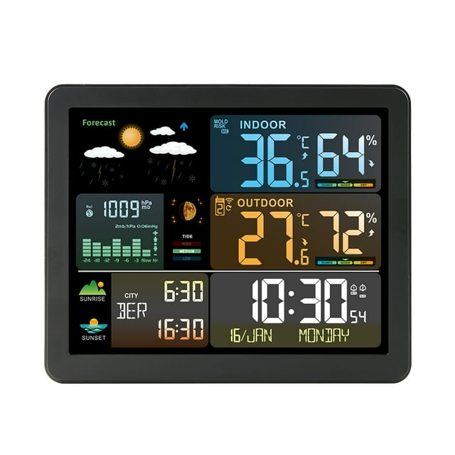 Tignapoo Color Display Weather Station with RF Sensor, Dual Alarm, 12-Hour Forecast, Sunrise/Sunset Times, Moon Phase, Tide Info, Adaptive Backlight, Min/Max Temp & Humidity Records, Frost Alert,