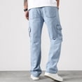 thumbnail image 5 of GrmtClth Mens Light Soft Denim Cargo Pants, Wide Leg Multi Pocket Loose Trousers, Casual Street Relax Outfit, All Season Male Daily Wear Light Blue XL, 5 of 5