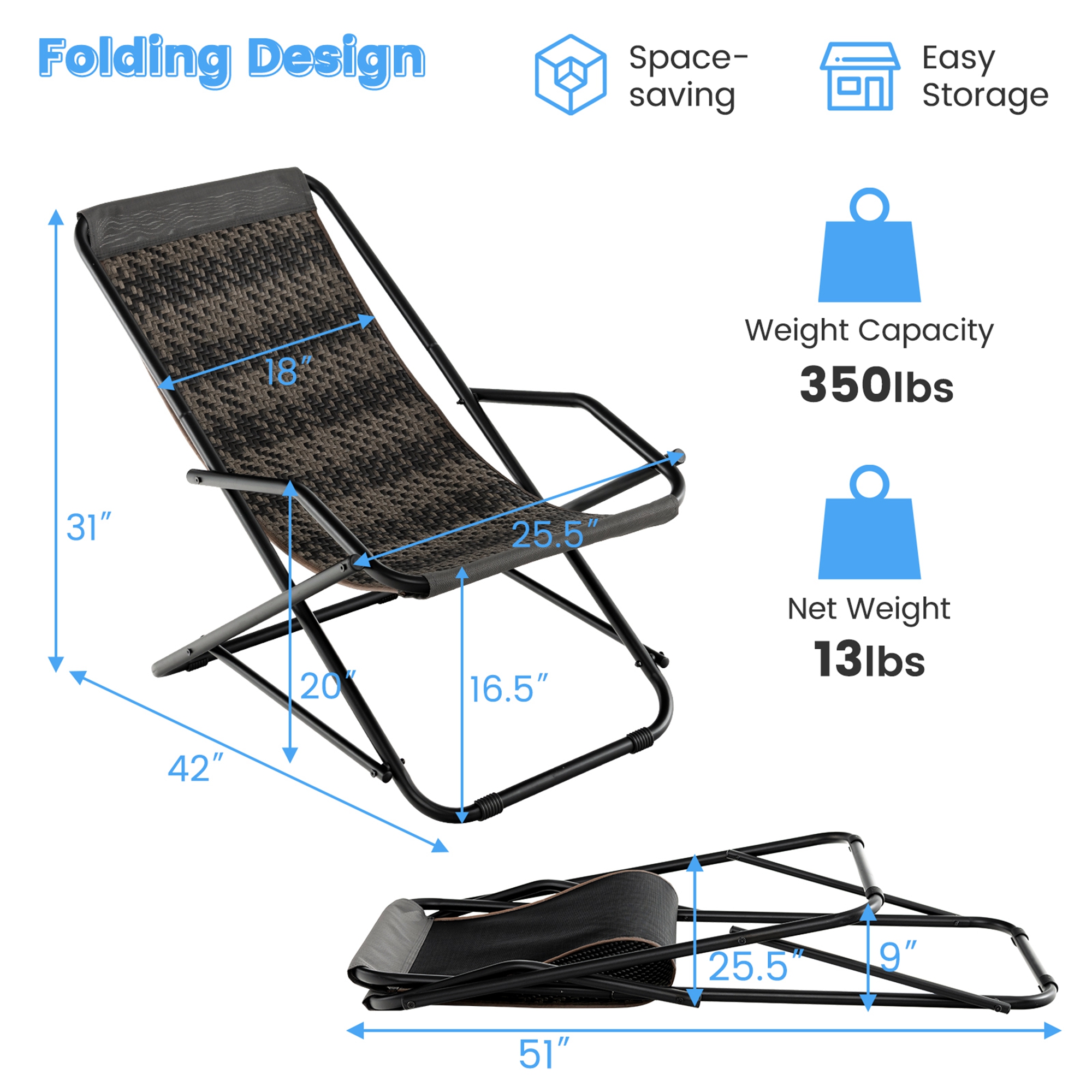 Costway 1 PC Patio Folding Rattan Sling Chair Rocking Lounge Chaise Armrest Garden Portable - image 3 of 8