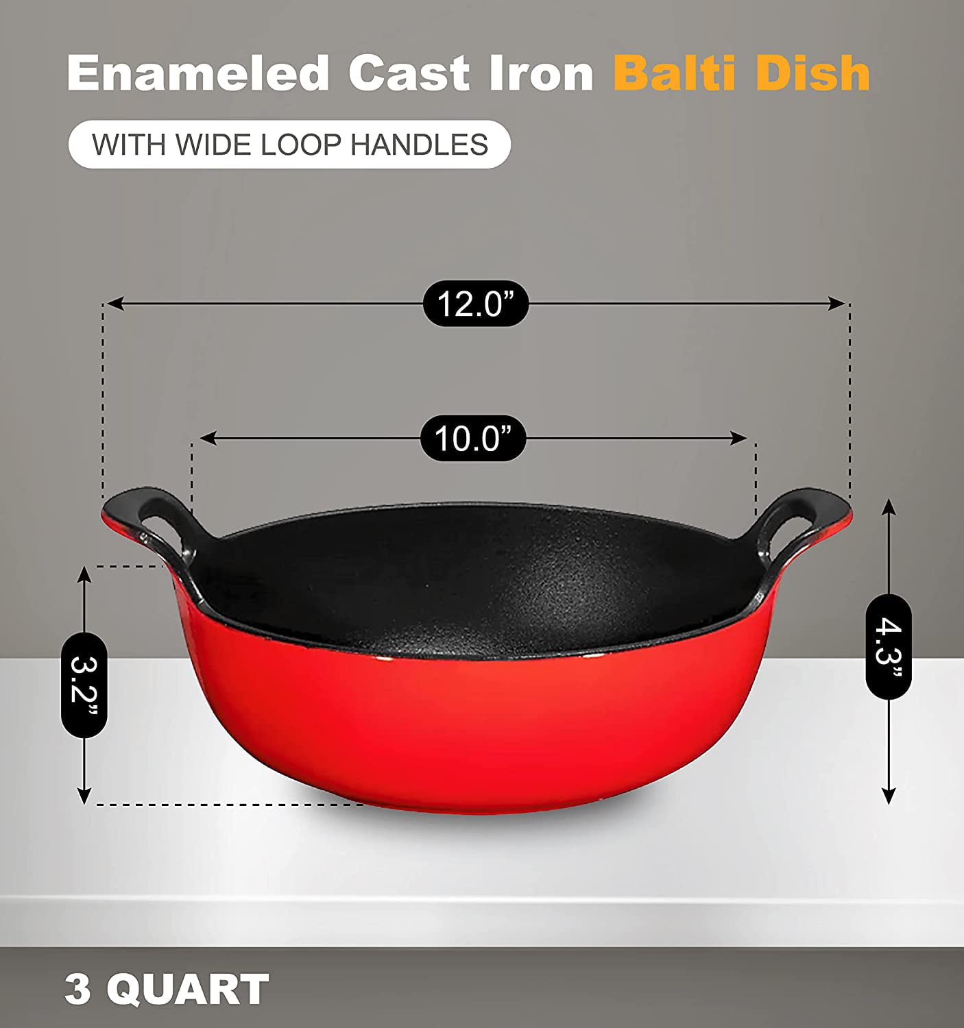 3 qt. Enameled Cast Iron Balti Dish with Wide Loop Handles Fire Red, Small