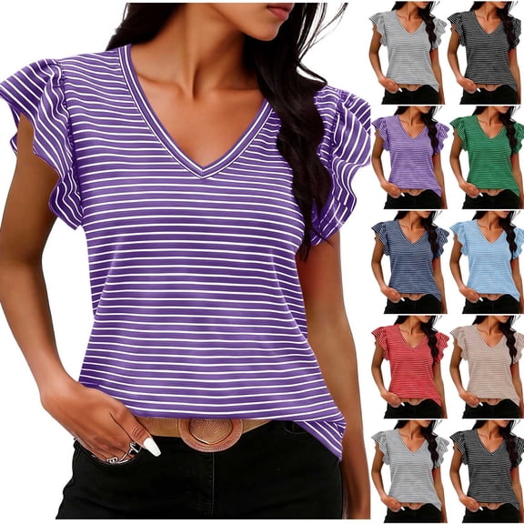 Fancifize Women's Ruffle Cap Sleeve Shirts Summer Casual V Neck Striped Tees Trendy Color Block Tops