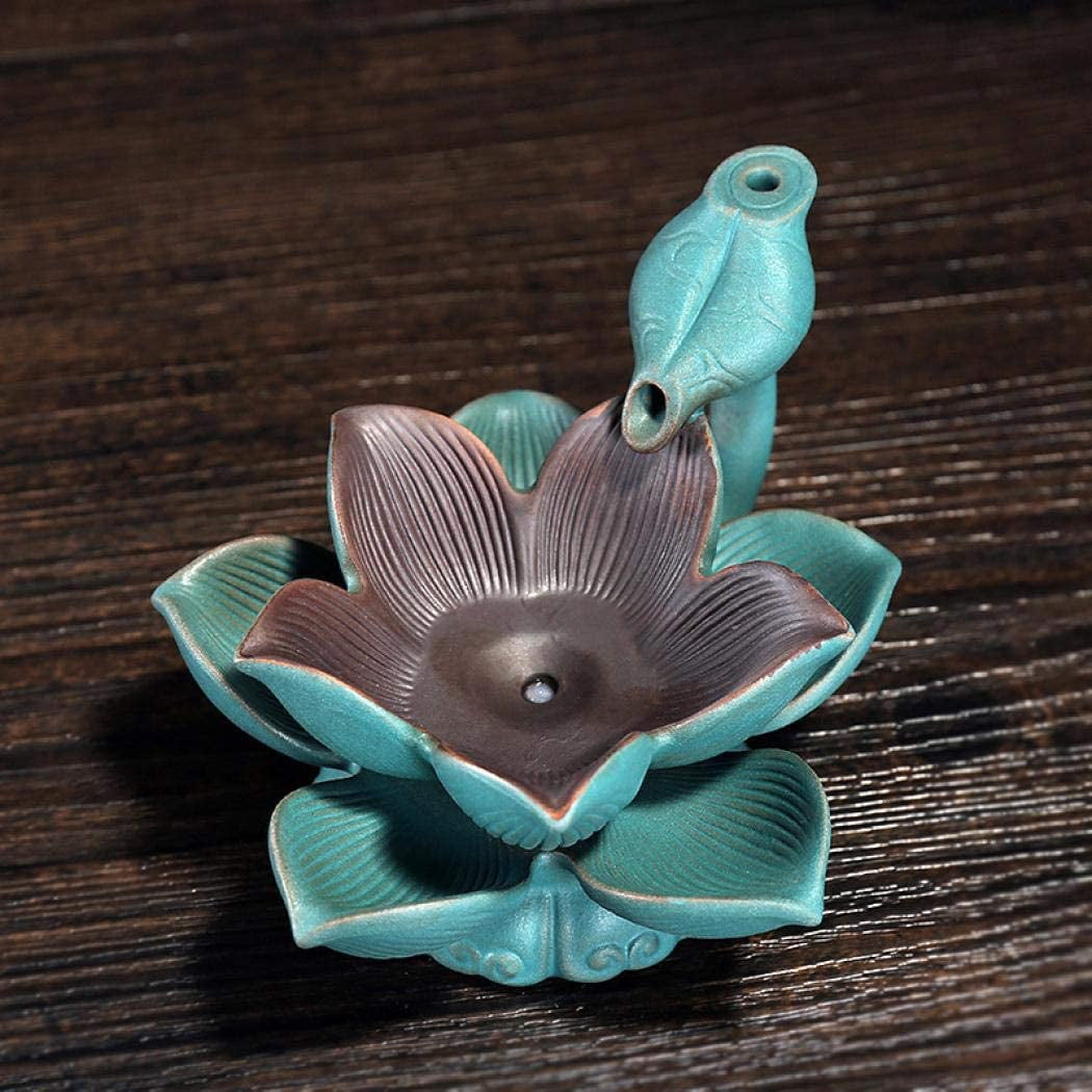 Handmade Ceramic Incense Holder, Backflow Incense Burner with LED Lotus Leaf Figurine Incense Cone Holders Home Decor Gift Decorations Statue Ornaments