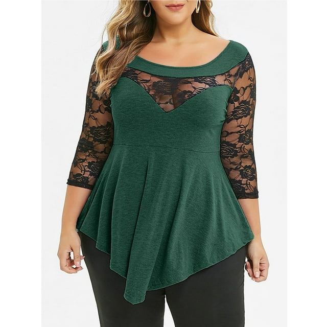Babysbule Liquidation de Hauts pour Femmes Grande Taille Femmes Uni Dentelle Florale Col Rond Asymétrique Hauts Trois Quarts Blouse