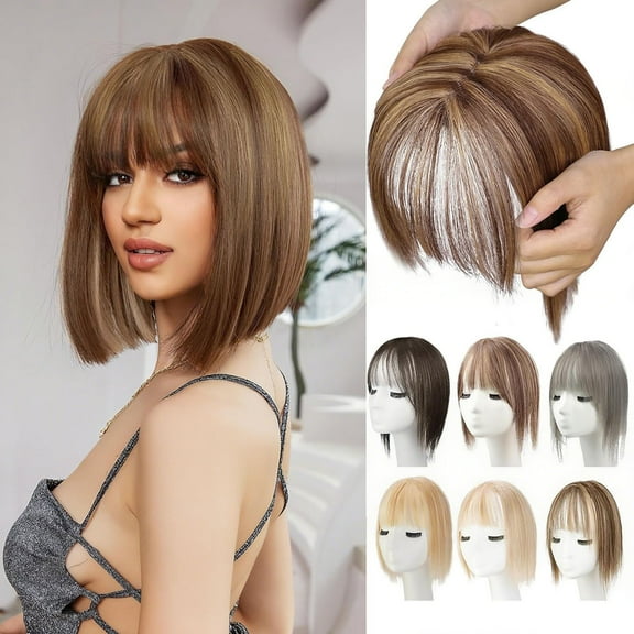 LEHOZIHEQ Women's Natural Wig, Short Wig With Bangs Wig With Temples, Synthetic Wig, Breathable Hand Tied Craft Big Coverage Hairpieces