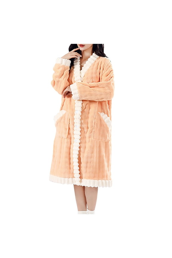 Women's Fall Winter Bathrobe - Soft Coral Fleece Color-Blocked Trim Robe with Turn-Down Collar | Quick-Dry Bathrobe for Women | Plus Size Bathrobe with Pockets & Tie Belt
