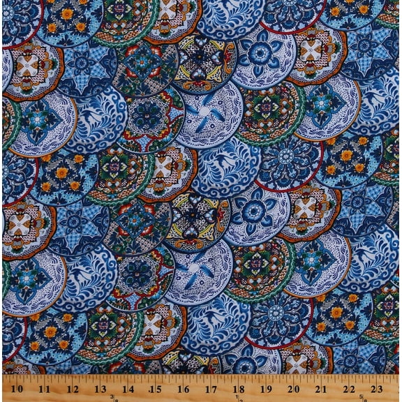 Cotton Talavera Plates Mexican Pottery Painted Designs Spanish Fiesta Blue Cotton Fabric Print by the Yard (109BLUE)