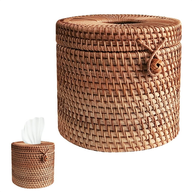 Tyeign Hand-Woven Rattan Tissue Box Cover, Square Large-Capacity Holder, Rustic Desktop Organizer for Home, Office & Dorm Décor Accent, 1 Rattan Napkin Box