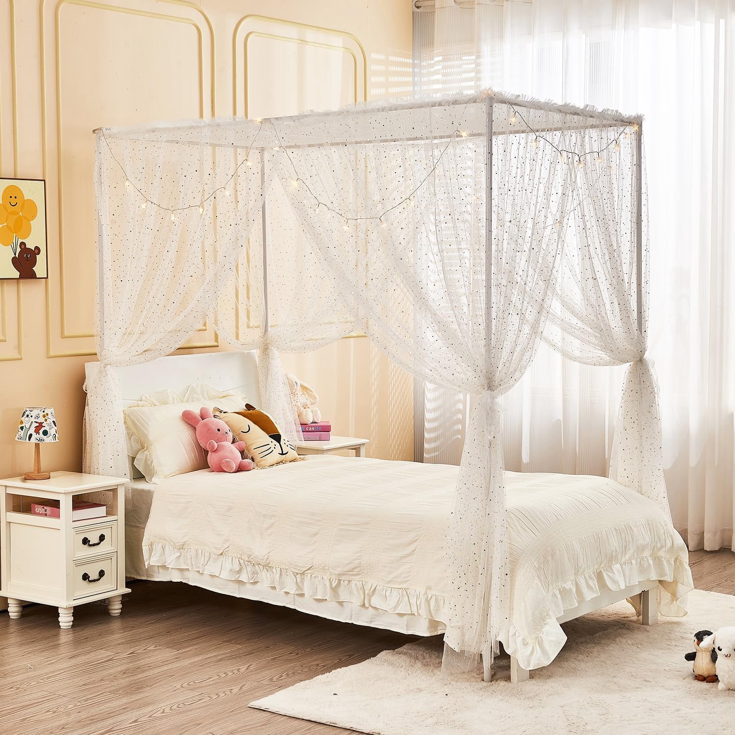 White Shiny Bed Canopy with Lights for Girls Kids, 4 Corner Post Moon Stars Sequin Princess Canopy Bed Curtains for Bedroom Decor (Twin, White)