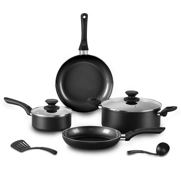 BECIGAR Juego de 8 ollas y sartenes de cerámica negra, juego de sartenes de cocina, juego de ollas de cerámica, juego de utensilios de cocina antiadherentes, juego de cocina seguro para inducción con
