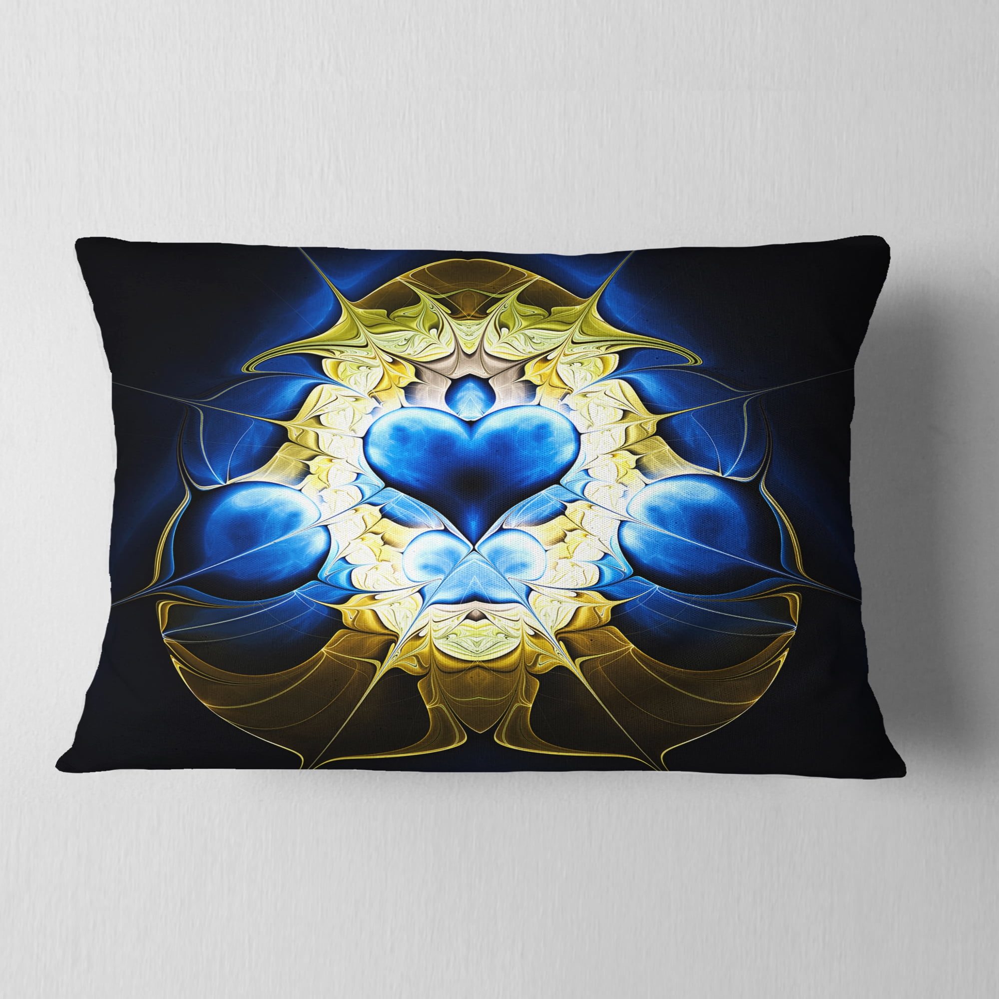 Designart Large Blue Gold Symmetrical Fractal Heart - Abstract Throw Pillow - 12x20