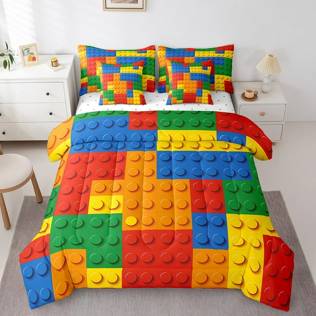 7 Pieces Full Comforter Set,Games All Season Bed in a Bag,Color Building Blocks Bedding Set with Reversible Toy Brick Comforter, Flat Sheet, Fitted Sheet, Pillowcases, Pillow Shams