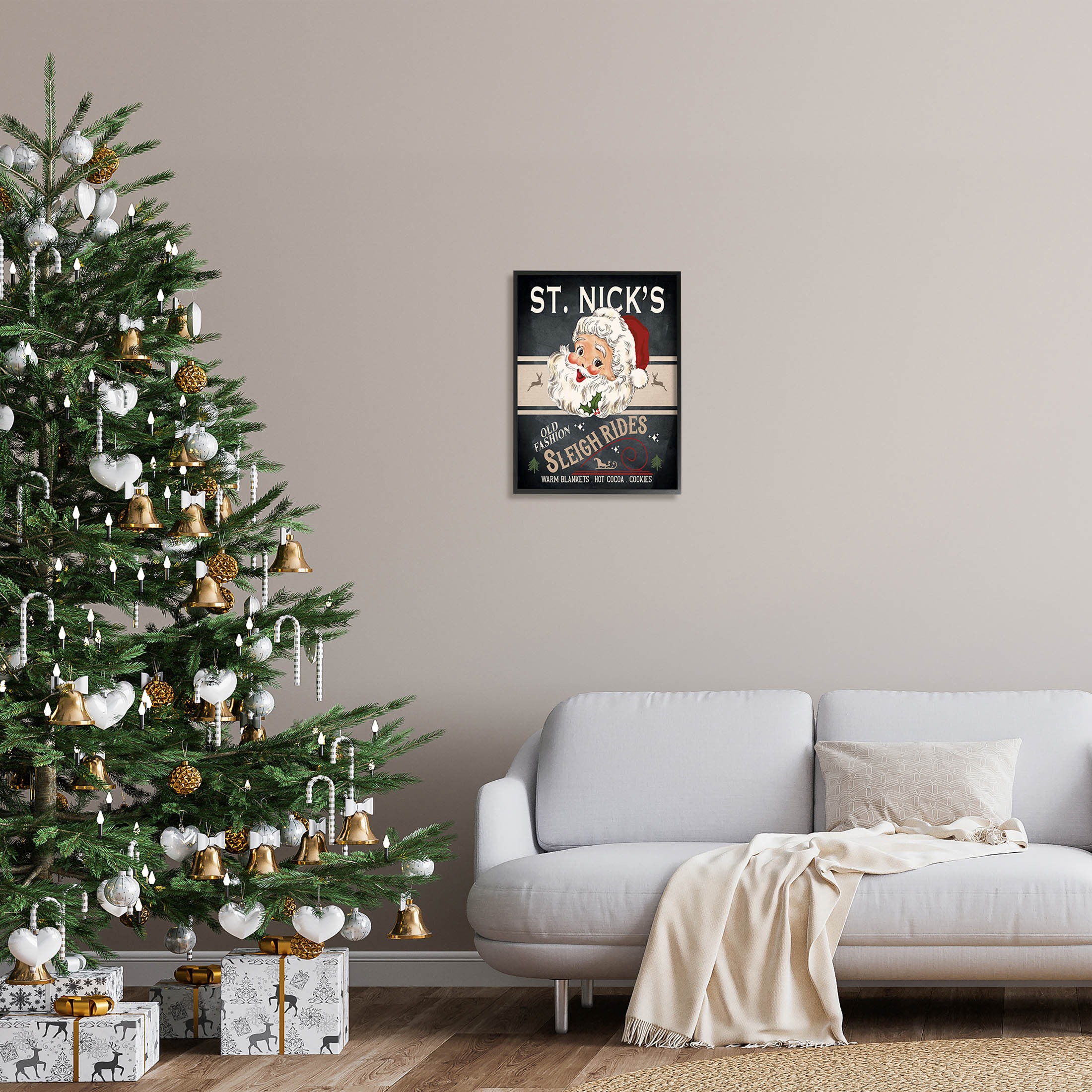 St. Nick's Sleigh Rides Vintage Style Sign Holiday Graphic Art Black Framed Art Print Wall Art