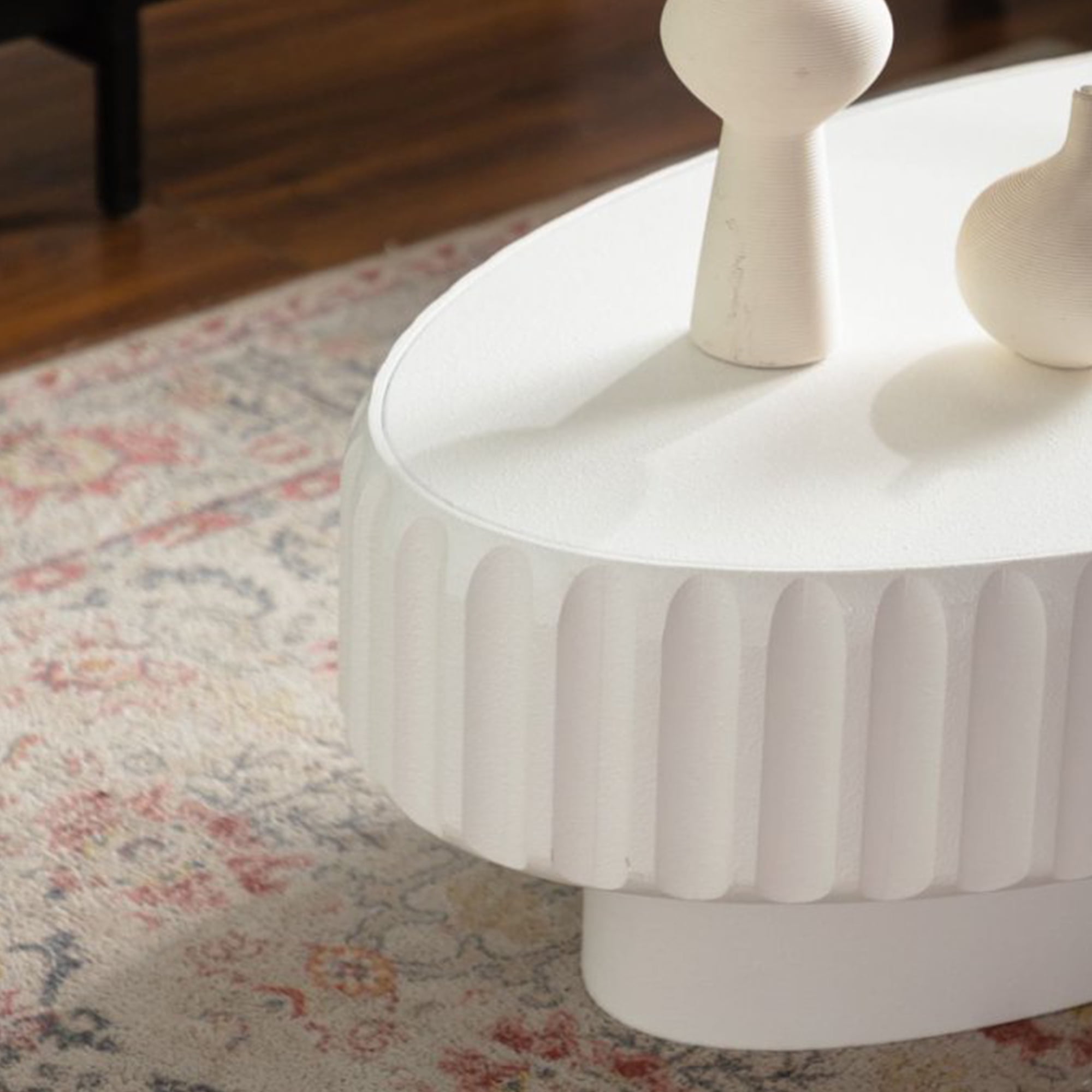 Leumius Coffee Table Fluted Storage Table with Lift-Off Lid, Sleek Texture Olive-Shaped Tea Table for Living Room Apartment White